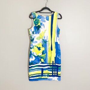 Chetta B blue yellow art deco floral sleeveless lined knee length dress - Size 4